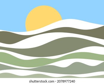 Winter landscape with snowy hills. Mountain landscape in a flat style, winter cold weather. View of the snow-capped hills. Design for prints and posters, promotional items. Vector illustration