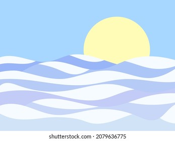 Winter landscape with snowy hills. Mountain landscape in a flat style, winter cold weather. View of the snow-capped hills. Design for prints and posters, promotional items. Vector illustration