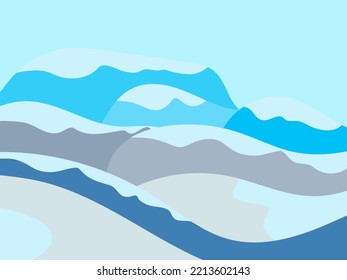 Winter landscape with snowy hills. Mountain landscape in flat style, winter cold weather. View of the snowy hills. Design for posters, travel agencies and promotional items. Vector illustration