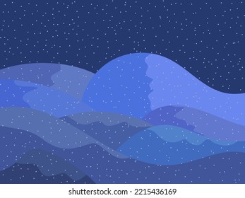 Winter landscape with snowy hills. Mountain landscape in flat style, winter cold weather. View of the snowy hills. Design for posters, travel agencies and promotional items. Vector illustration