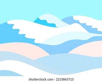 Winter landscape with snowy hills. Mountain landscape in flat style, winter cold weather. View of the snowy hills. Design for posters, travel agencies and promotional items. Vector illustration
