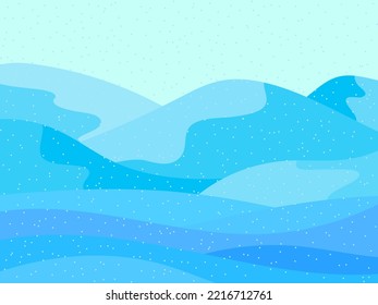 Winter landscape with snowy hills. Mountain landscape in flat style, winter cold weather. View of the snowy hills. Design for posters, travel agencies and promotional items. Vector illustration