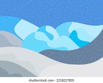 Winter landscape with snowy hills. Mountain landscape in flat style, winter cold weather. View of the snowy hills. Design for posters, travel agencies and promotional items. Vector illustration