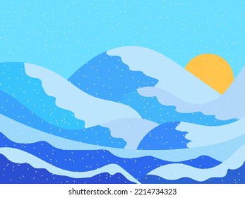 Winter landscape with snowy hills and sun. Mountain landscape in flat style, winter cold weather. View of the snowy hills. Design for poster, banner and promotional item. Vector illustration