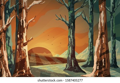 Winter landscape with snowy hills, trees, flying birds and sunrise or sunset. Beautiful forest scenery in rays of the sun. Vector illustration