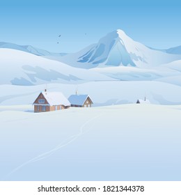 Winter landscape, snowy houses on a mountain peak, against the background of a blue sky, created by the imagination in the format of vector graphics.