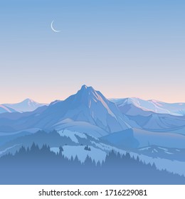 Winter landscape, snowy mountain top against the background of evening sky, created by imagination in the format of vector graphics.