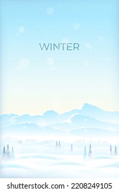 Winter landscape. Snowy mountains and clear blue sky, snowfall in the mountains. Winter hiking, extreme tourism. Design for cover, screensaver, invitation, postcard, banner. Vector illustration.