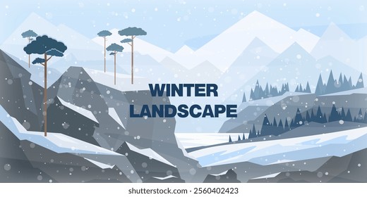 Winter landscape with snowy mountains, evergreen trees, and falling snowflakes. Flat design vector illustration perfect for seasonal backgrounds, holiday posters, and nature-themed projects