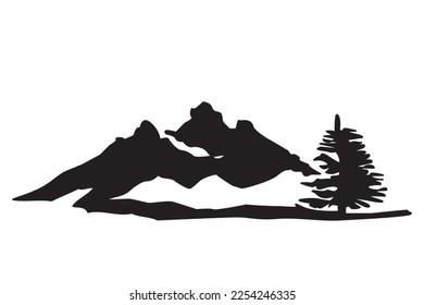 Winter landscape of snowy mountains and fir trees in Europe. 
Vector illustration of snowy mountains and fir trees in firs snow. Winter travel black and white silhouette for logo, icon symbol.