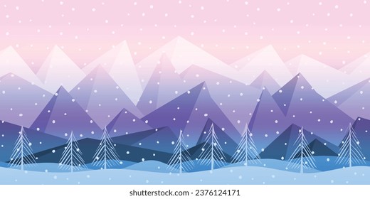 Winter landscape, snowy mountains and forest, snowfall, seamless border