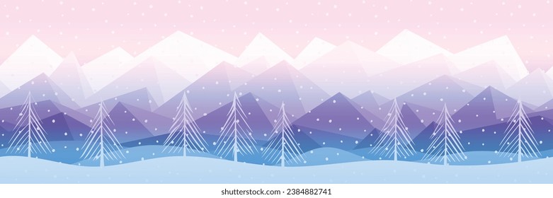 Winter landscape, snowy mountains and forest, snowfall, seamless border