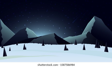 Winter landscape with snowy mountains on the horizon and blue starry sky. Winter background for your arts