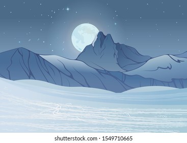 Winter landscape, snowy mountains and ski trail on moon night, created by imagination in vector graphics format.