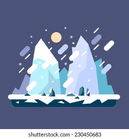 Winter landscape. Snowy mountains and snowfall, glaciers, north. Vector flat illustration.