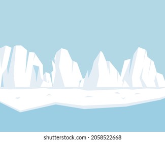 Winterlandschaft mit schneebedeckten Bergen. Aussicht auf die Nord- und Südpol. Iceberg-Landschaft