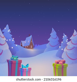 Winter landscape. Snowy night forest. Vector illustration in trendy flat style with copy space for text. Can be used for banner, greeting card, poster and advertising.
