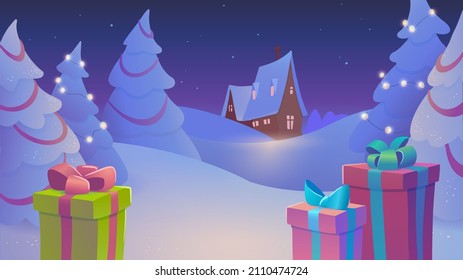 Winter landscape. Snowy night forest. Vector illustration in trendy flat style with copy space for text. Can be used for banner, greeting card, poster and advertising.