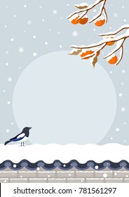 Winter landscape of snowy persimmon tree with magpie on snowy Korean traditional brick wall.Korean Traditional Happy New Year Day.