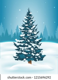 Winter landscape with snowy pine trees and mountains. Holiday backrground. Vector illustration