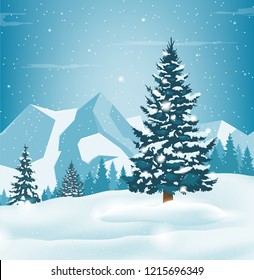 Winter Landscape With Snowy Pine Trees And Mountains. Holiday Backrground. Vector Illustration