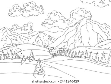 Winter landscape, snowy pines on foreground and mountains peaks, hills, clouds on sky background. Coloring illustration. Vector drawing of snow-covered field. Mountains winter snowy landscape