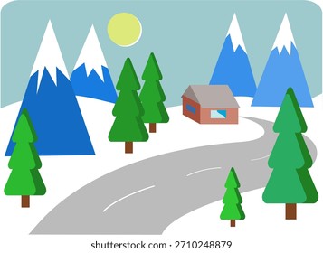 Winter landscape with snowy road through forest to mountains. Horizontal Landscape. Also available in vertical and square formats.