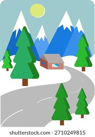 Paisaje de invierno con camino nevado a través del bosque a las montañas. **Versión de Vertical.**