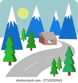 Paisaje de invierno con camino nevado a través del bosque a las montañas. ** Formato cuadrado.** También disponible en formatos Horizontal y Vertical.