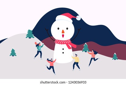 Winter landscape snowy street and winter holiday. Happy family skating with big snowman in the winter. Merry Christmas and Happy New Year. Cartoon Vector Illustration.