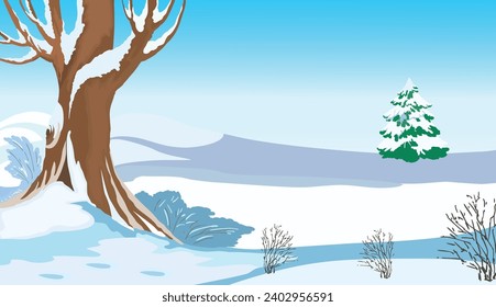 winter landscape with snowy tree and snow vector illustration