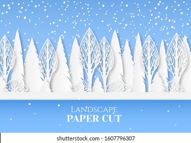 Winter landscape with snowy trees. Bushes and trees in the snow. Paper cut poster with place for text. 