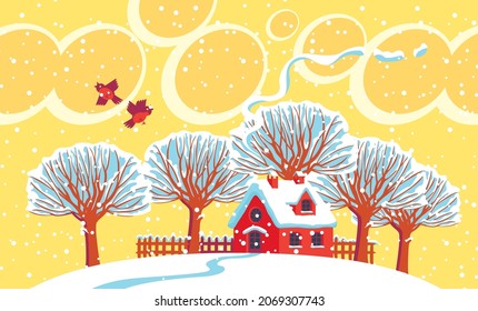 A winter landscape with snowy trees, a couple of birds, cartoon clouds in the yellow sky and a cute little red house on a snow-covered hill. Decorative vector illustration in flat style