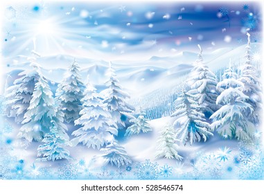 Winter landscape with snowy trees and snowflakes frame