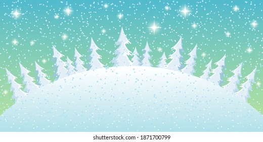Winter landscape with snowy trees and starry sky.