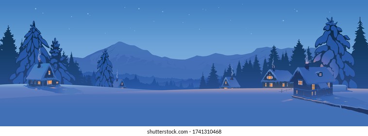 Winter landscape, snowy village against the background of mountains and night sky, created by imagination in the format of vector graphics.