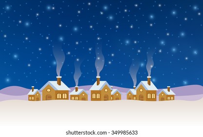 winter landscape with snowy village and chimney smoke in flat icon design background (vector)