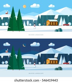 Winter landscape. Snowy village and nature. Day and night. Vector banners in flat style