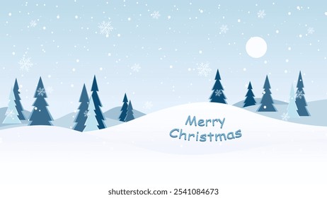 Winter landscape in snowy weather for Christmas and New Year. Winter landscape of a forest against a background of mountains, fields and snow. Winter nature vector illustration for Christmas design. 