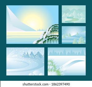 winter landscape snowy weather mountains trees river and road scene set vector illustration