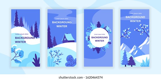 Winter landscape social media stories design templates vector set, backgrounds with copyspace - rural scenery - backdrop for vertical banner, poster, greeting card - winter sceneries concept