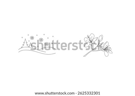Winter Landscape And Spring Blossoms Line Art Simple Minimalist Drawing