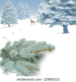 Winter landscape with spruce branches, trees and deer. Hand drawn vector illustration of snow covered landscape,  spruce branches, snow-capped trees, deer.