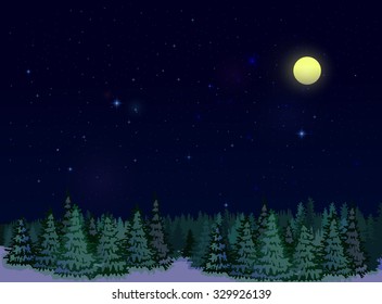 Winter landscape with spruce trees and moon