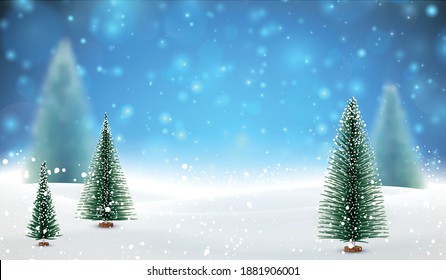 Winter landscape with spruce trees. Snowy night. Christmas trees. Space for text. Vector illustration.