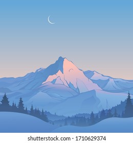 Winter landscape, stage of high, snowy mountain and forest at sunset, created by imagination in the format of vector graphics.