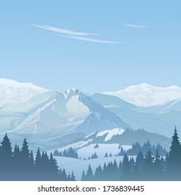 Winter landscape, stage of high, snowy mountains and forest against the background of blue sky, created by imagination in the format of vector graphics.