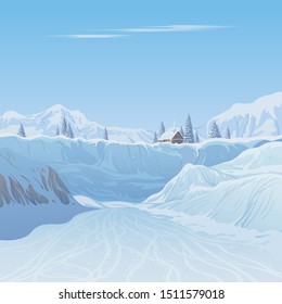 Winter landscape, stage of ski track among snow sunbeds against the background of mountains, created by imagination in the format of vector graphics.