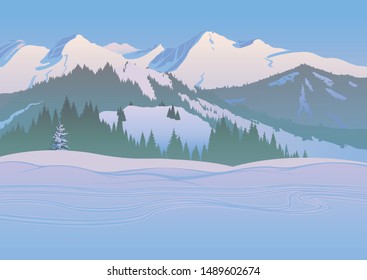 Winter landscape, stage of ski trail on snow against the background of mountains and coniferous forest, created by imagination in the format of vector graphics.