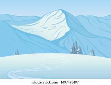 
Winter landscape, a stage of snowy hill with a ski trail against the background of a blue mountain, created by imagination in the format of vector graphics.